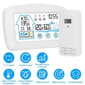 Wireless Weather Station With Clock 196FT Range Indoor Outdoor Thermometer Sensor Temperature and Humidity Monitor Humidity Forecast Battery Powe (Color: White)